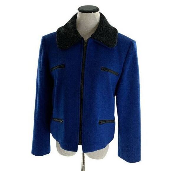 Chivalry Women's Vintage Wool Blue Front Zip Teddy Sherpa Collar Blazer Jacket S - Picture 1 of 9